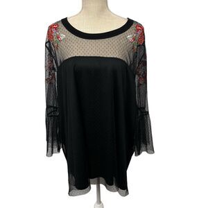 Torrid Black Floral Embroidered Mesh Tunic Top 3/4 Bell Sleeves Women's Size 3X